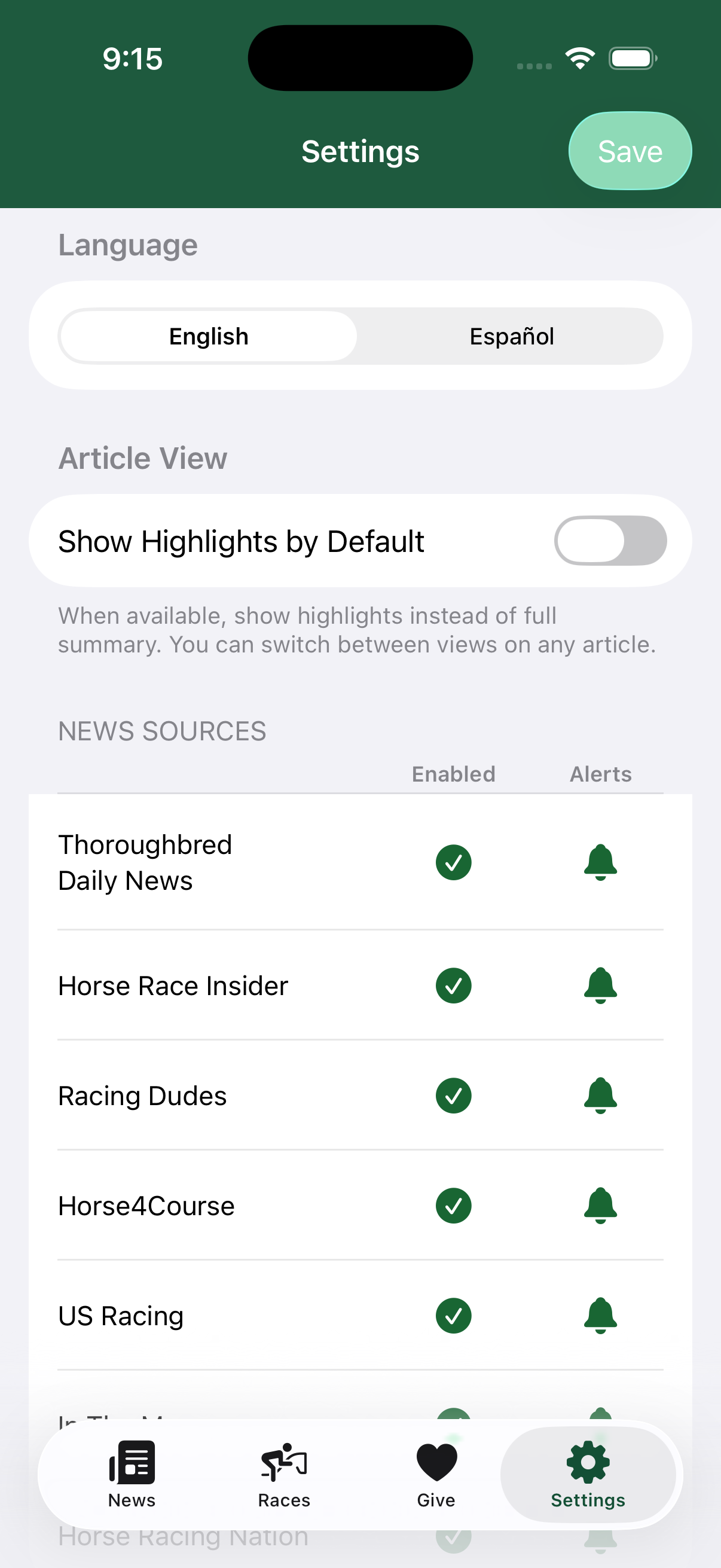EquiBrief settings and source configuration